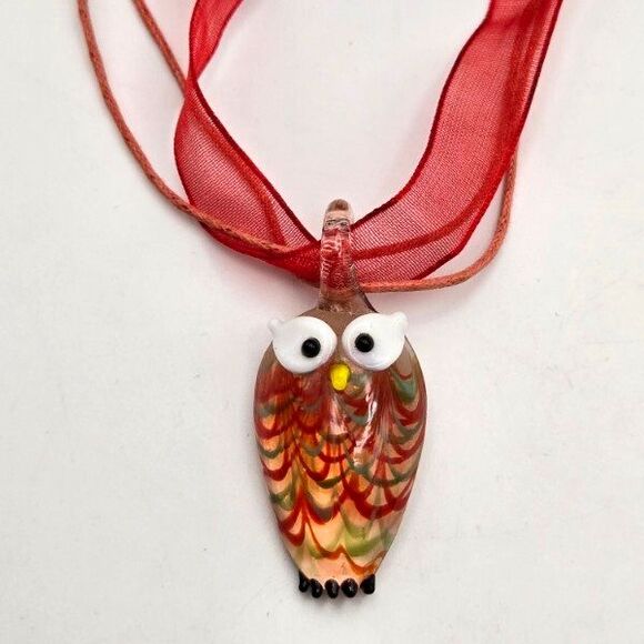 Hand Blown Art Glass Owl Set 17" Ribbon and Cord Necklace Dangle Hook Earrings - Picture 5 of 7